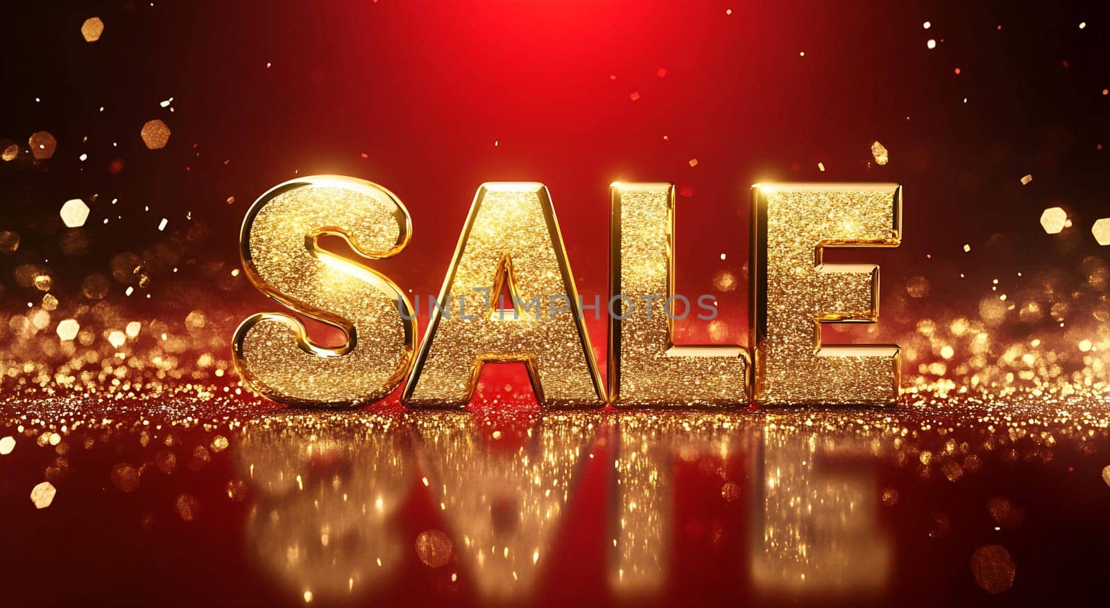 Golden letters spell sale against a sparkling red background, creating an eye-catching display perfect for promotions or events.