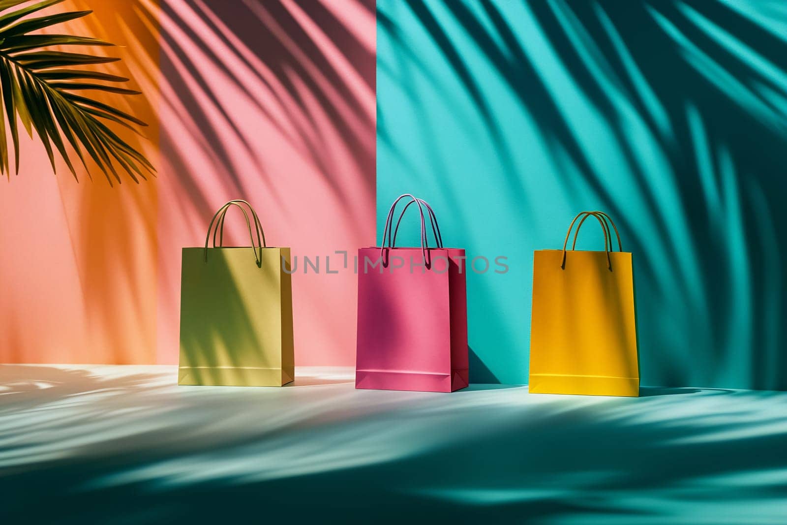 Three brightly colored shopping bags stand against a backdrop with vivid pink and teal colors, featuring interesting shadow patterns.