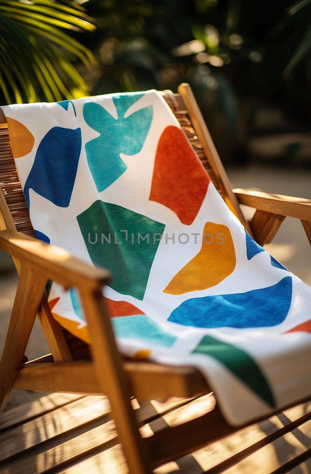 A vibrant towel drapes over a wooden lounge chair in a sunny outdoor setting surrounded by lush greenery.