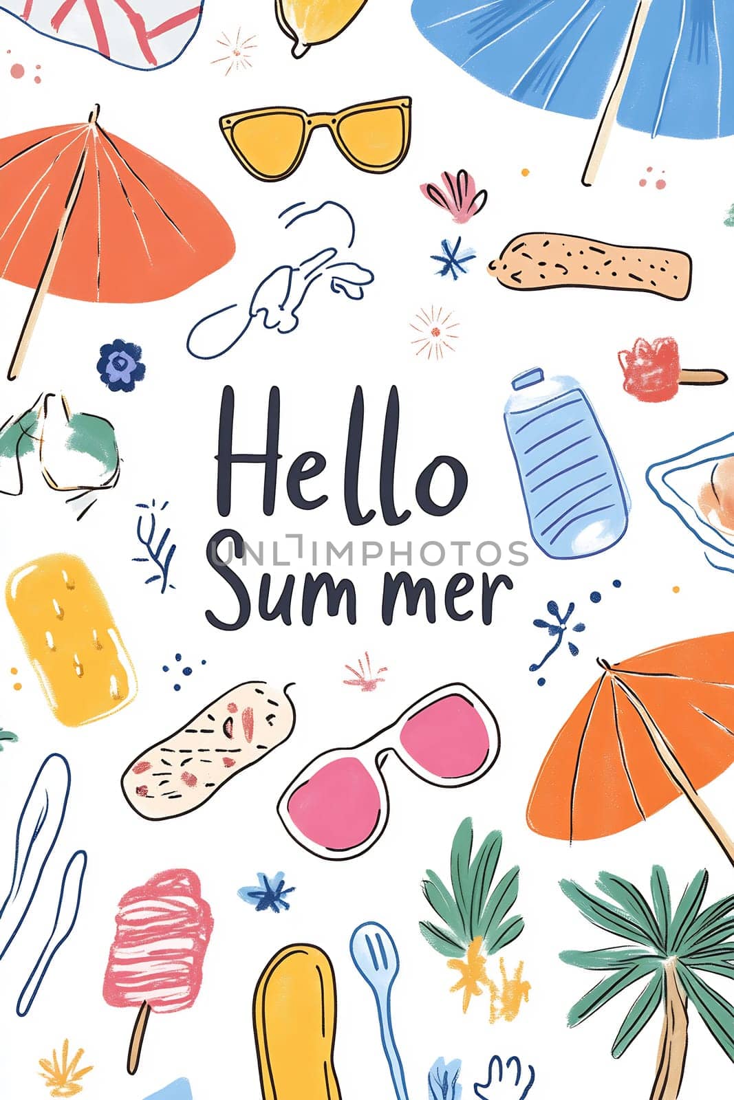 Bright and playful illustrations celebrate summer, featuring sun umbrellas, sunglasses, and refreshing treats on a vibrant background.