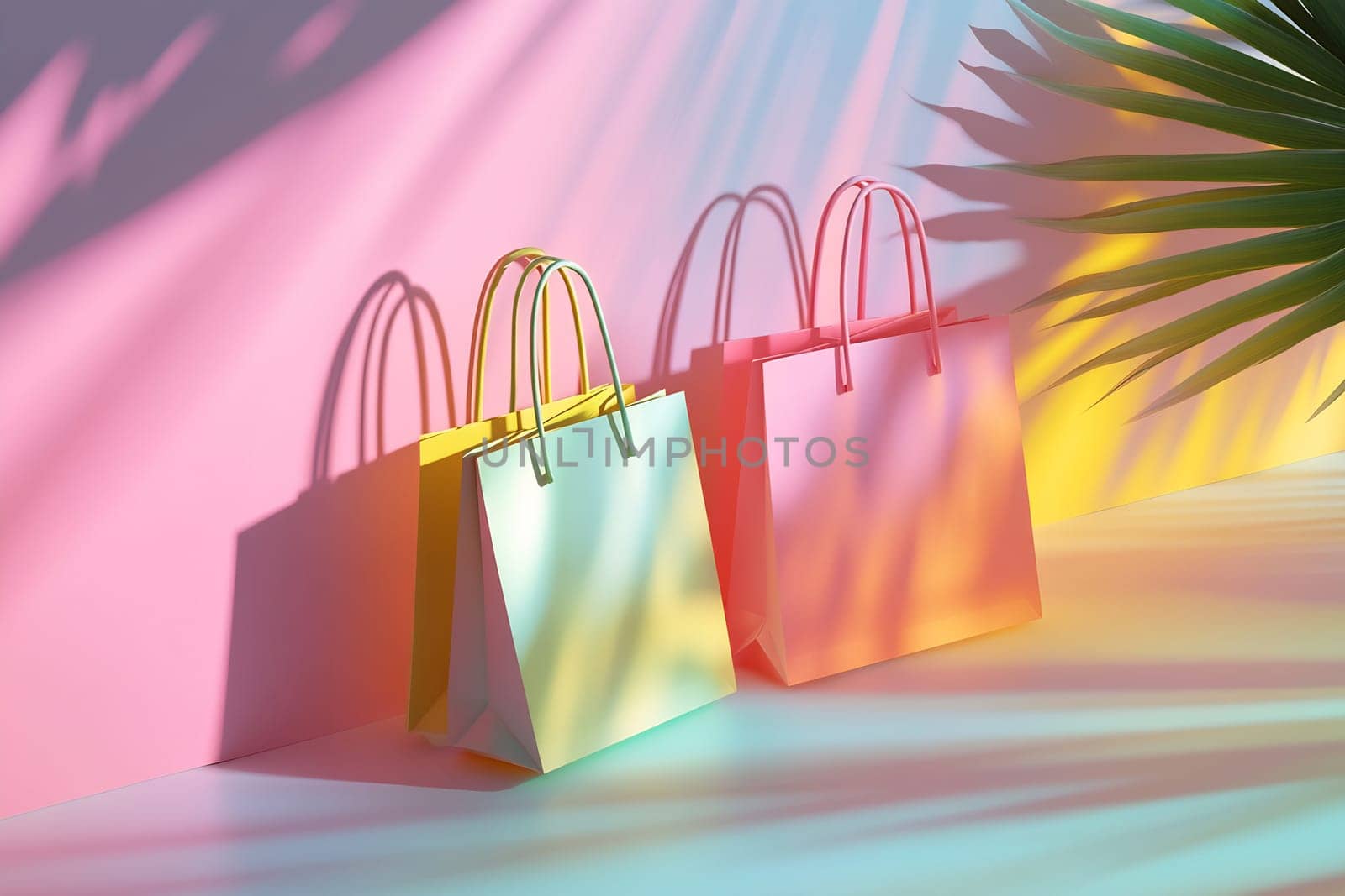 Two vibrant shopping bags rest on a surface with colorful shadows and a palm leaf illuminated by gentle light.