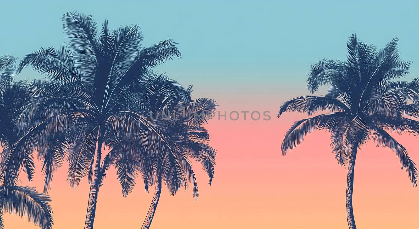 Palm trees stand tall against a stunning sunset, blending shades of pink and blue in the evening sky, creating a peaceful atmosphere.