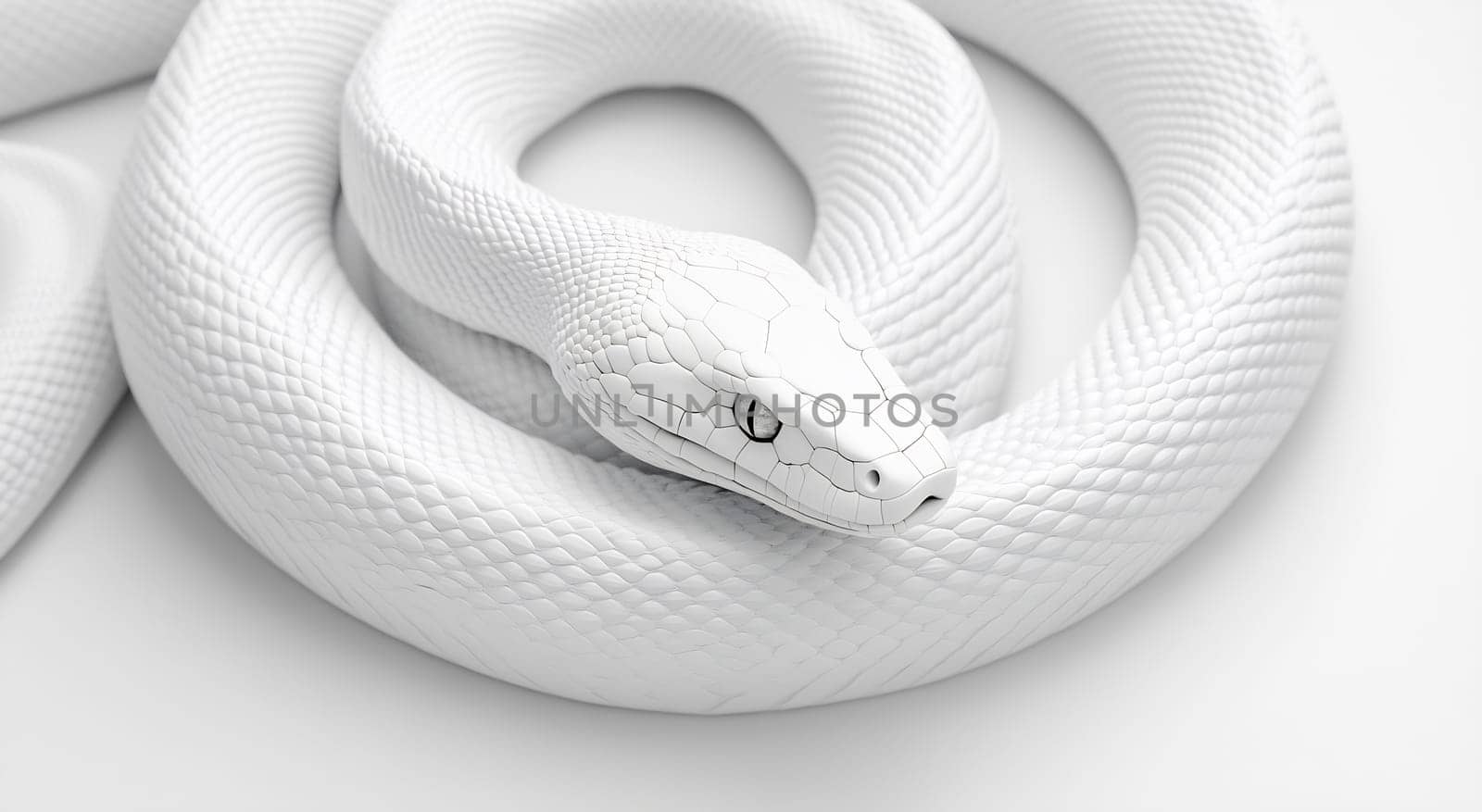 A white snake rests gracefully, its sleek body coiled on a light-colored surface, showcasing its elegant form and unique texture.