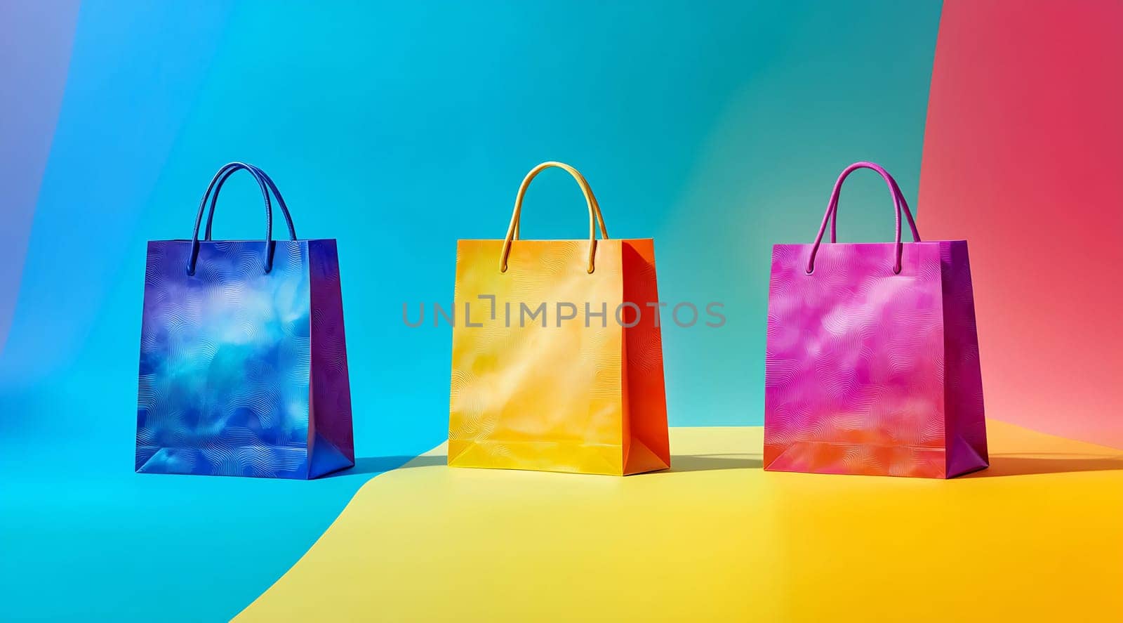 Three vibrant shopping bags in blue, yellow, and pink stand out against a bright gradient background, showcasing a playful retail theme.
