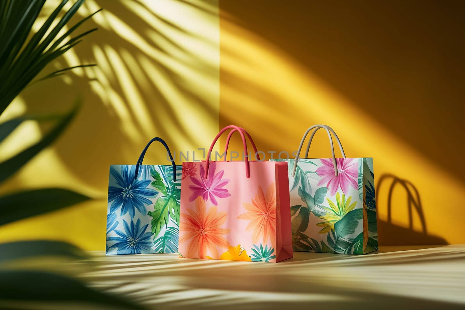 Three vibrant paper bags with floral patterns are arranged on a surface, illuminated by soft natural light against a yellow backdrop.