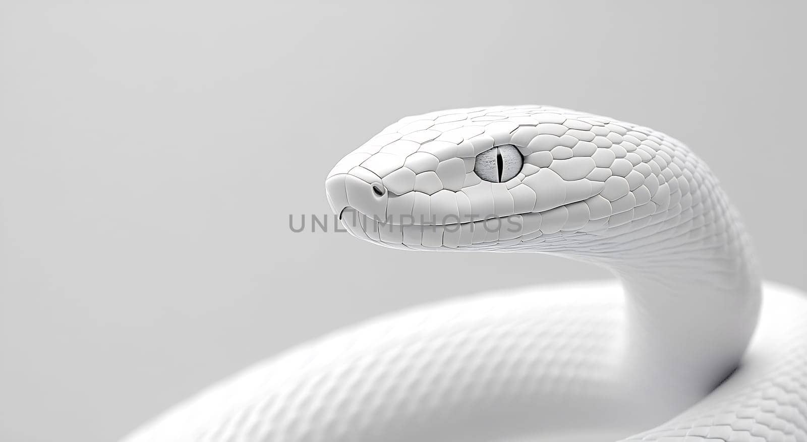 A striking white snake with smooth scales rests in a coiled position, showcasing its unique texture and piercing eyes in a softly lit setting.