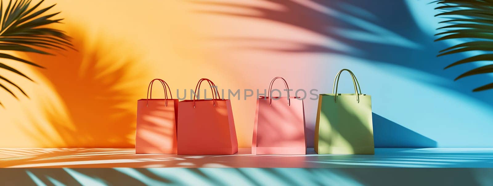 Four stylish shopping bags in coral, pink, and green stand against a vibrant background with bold colors and palm shadows.