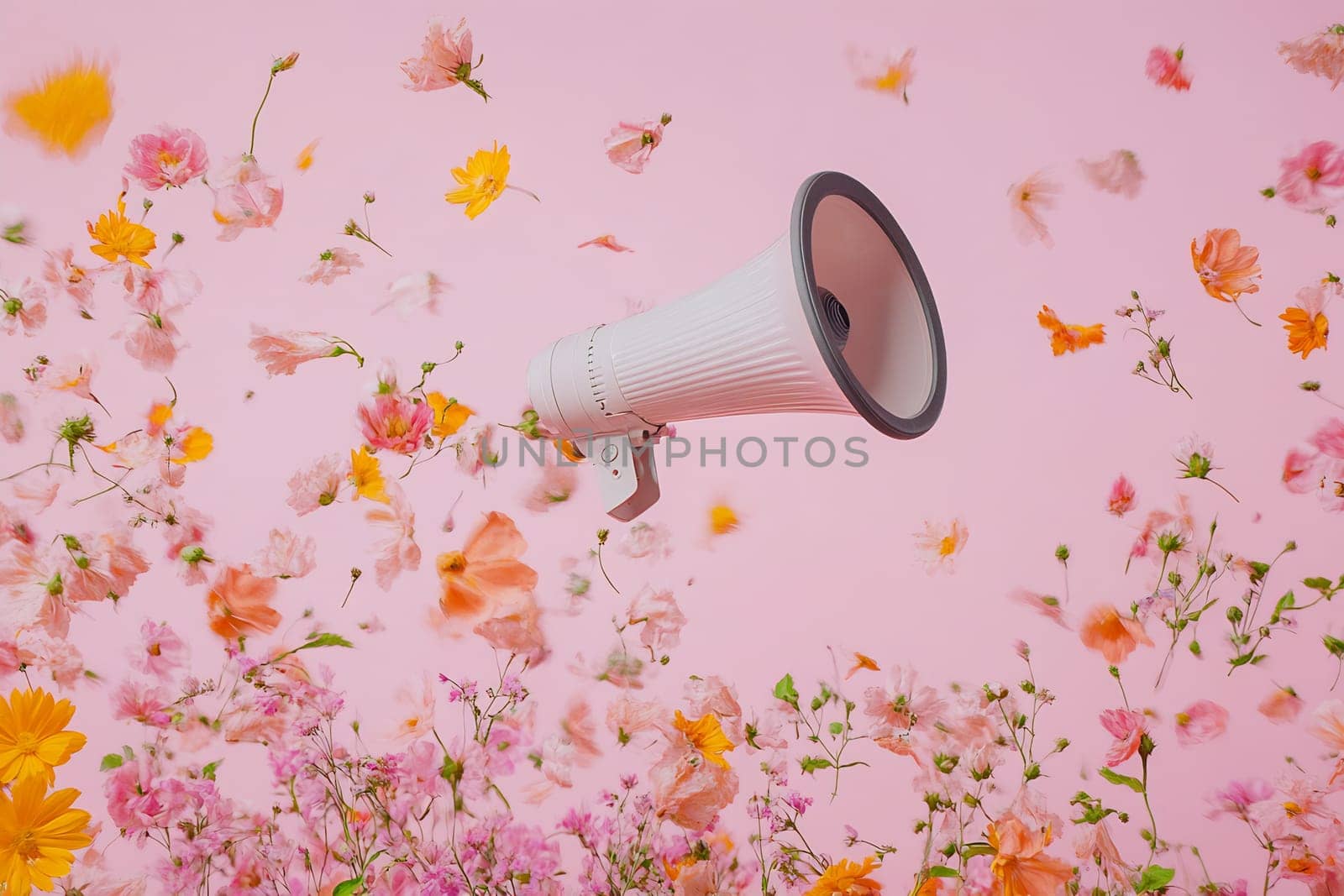 A megaphone is surrounded by vibrant flowers against a soft pink background, creating a lively and cheerful atmosphere. A picnic with camomile flowers and a straw hat.