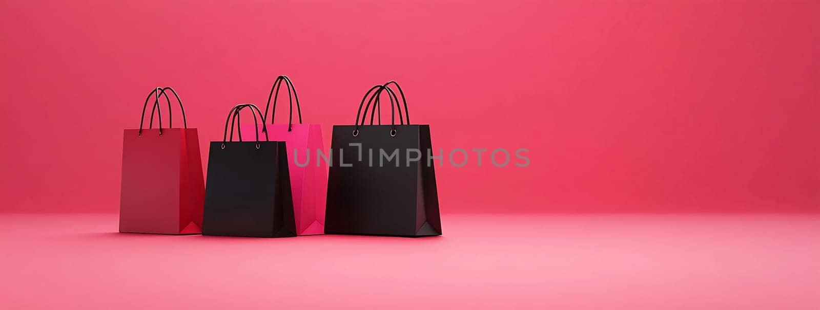 Shopping bags in various colors are arranged on a vibrant pink background, creating a lively and inviting display for retail.