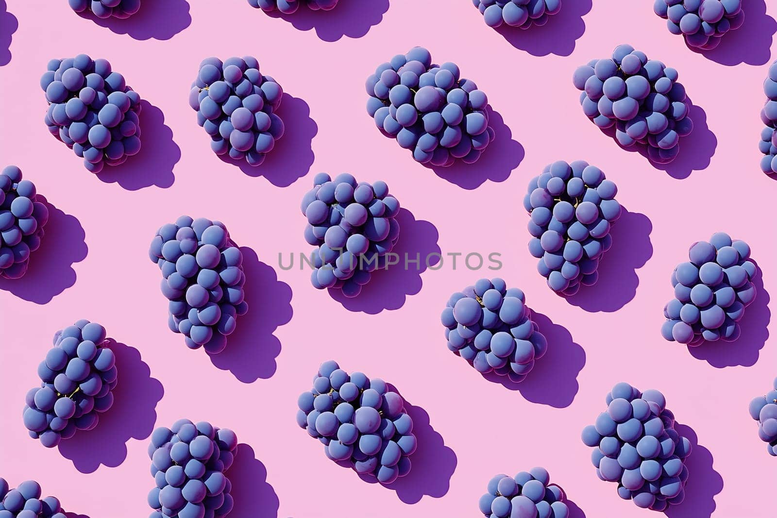 Fresh clusters of purple grapes arranged neatly on a vibrant pink background, creating a visually appealing pattern.