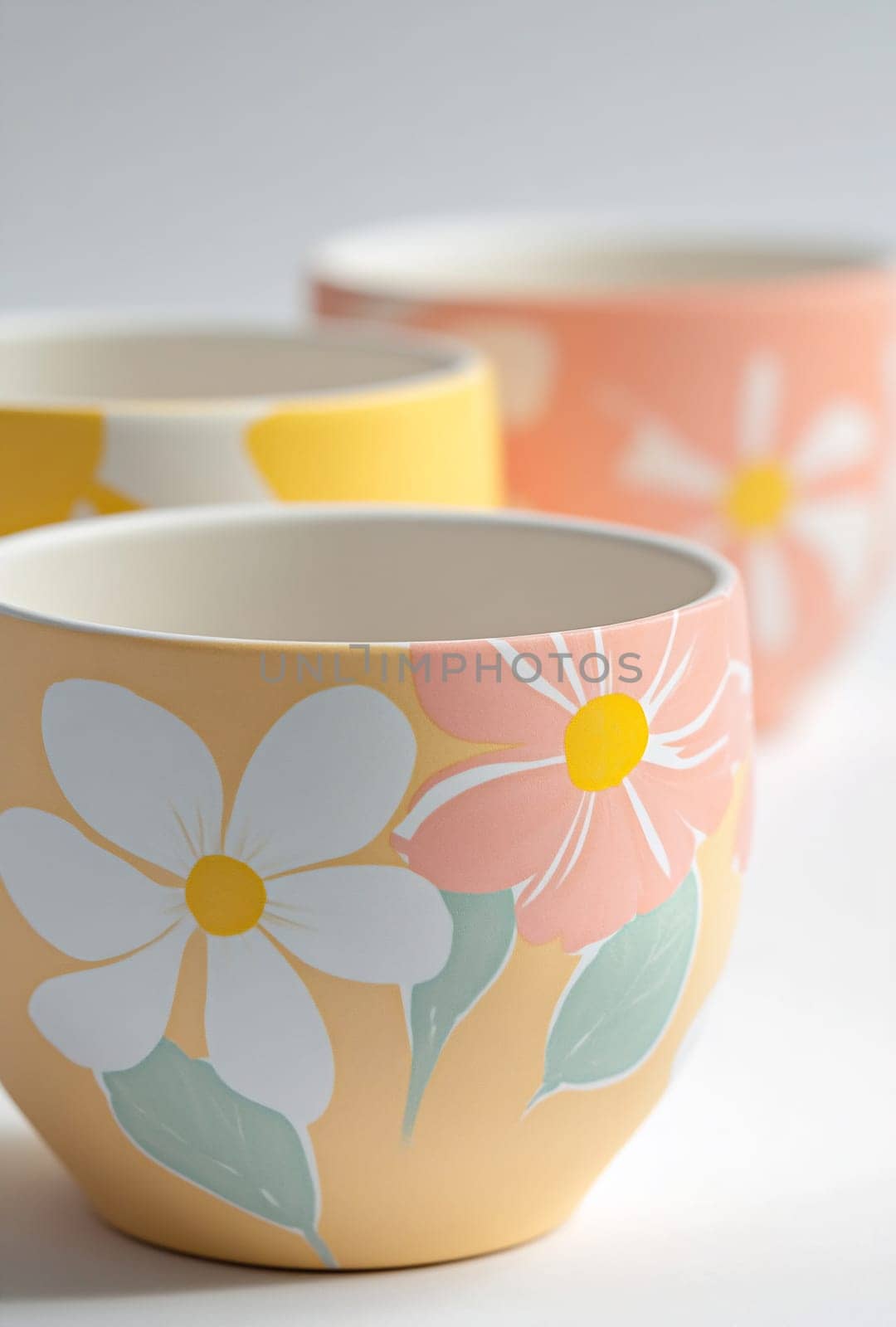 Three ceramic bowls feature vibrant floral patterns in soft pastel colors on a light background, showcasing artistic craftsmanship.