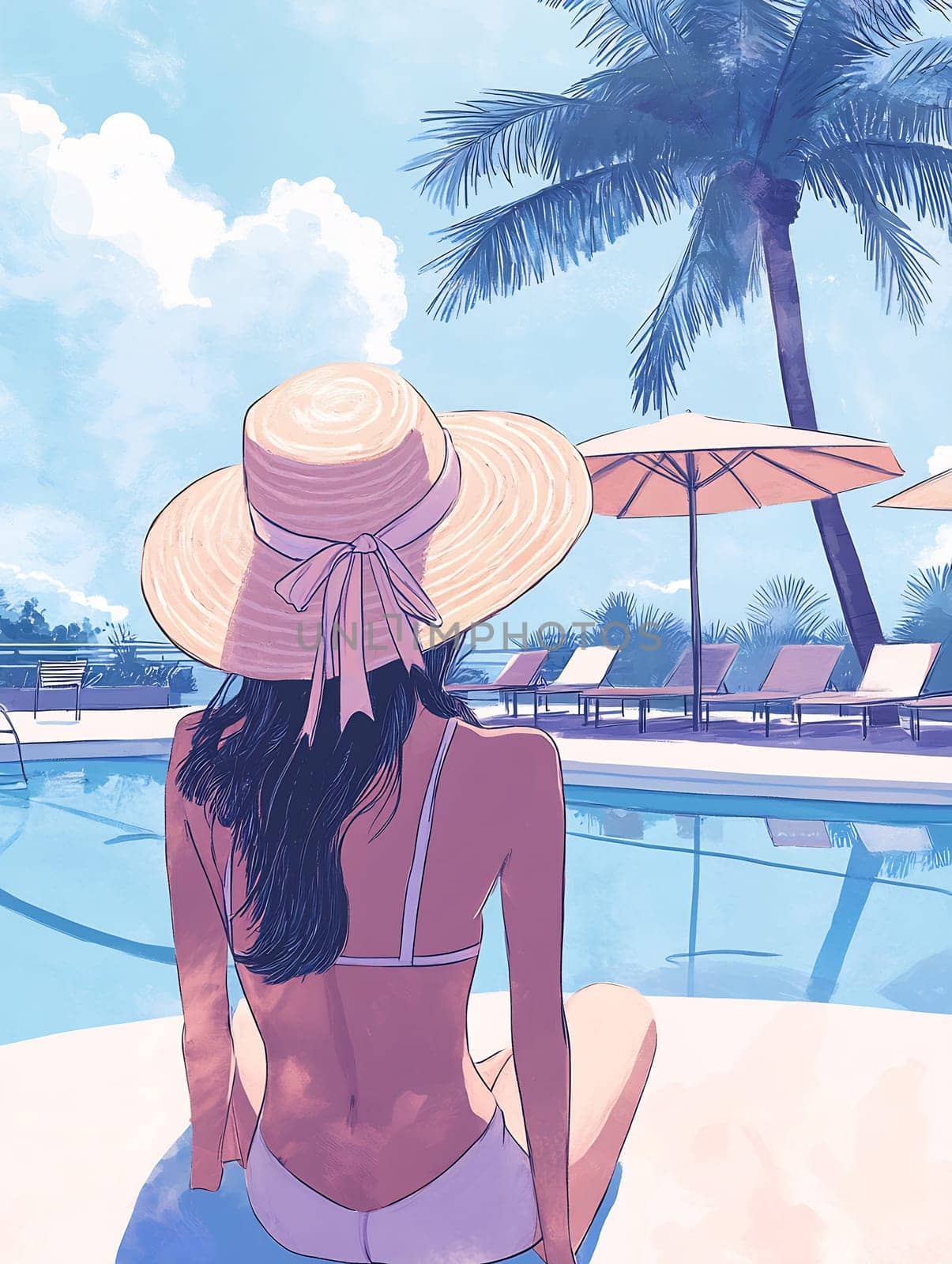 A young woman in a sunhat sits by a serene pool, enjoying the warm sunshine and palm trees. The ambiance is tranquil and inviting.