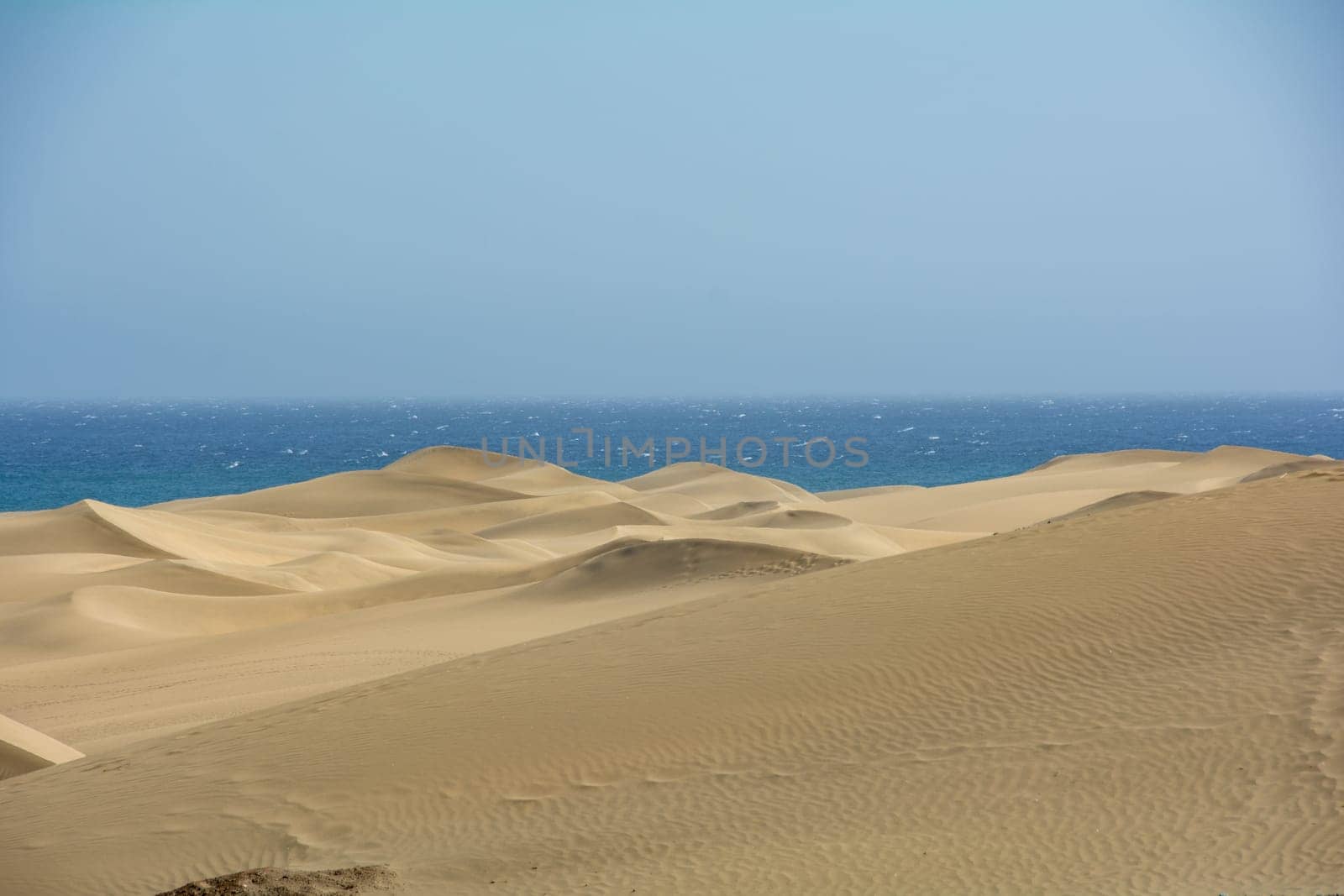 The dunes of Maspalomas on Gran Canaria in Spain, with sea and blue sky. The huge sand dunes resemble a small desert and are a nature reserve.