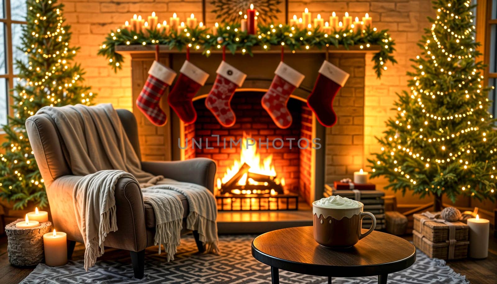 A warm and festive Christmas living room featuring a lit fireplace, decorated trees, stockings, and a cozy chair with a hot cocoa on a wooden table