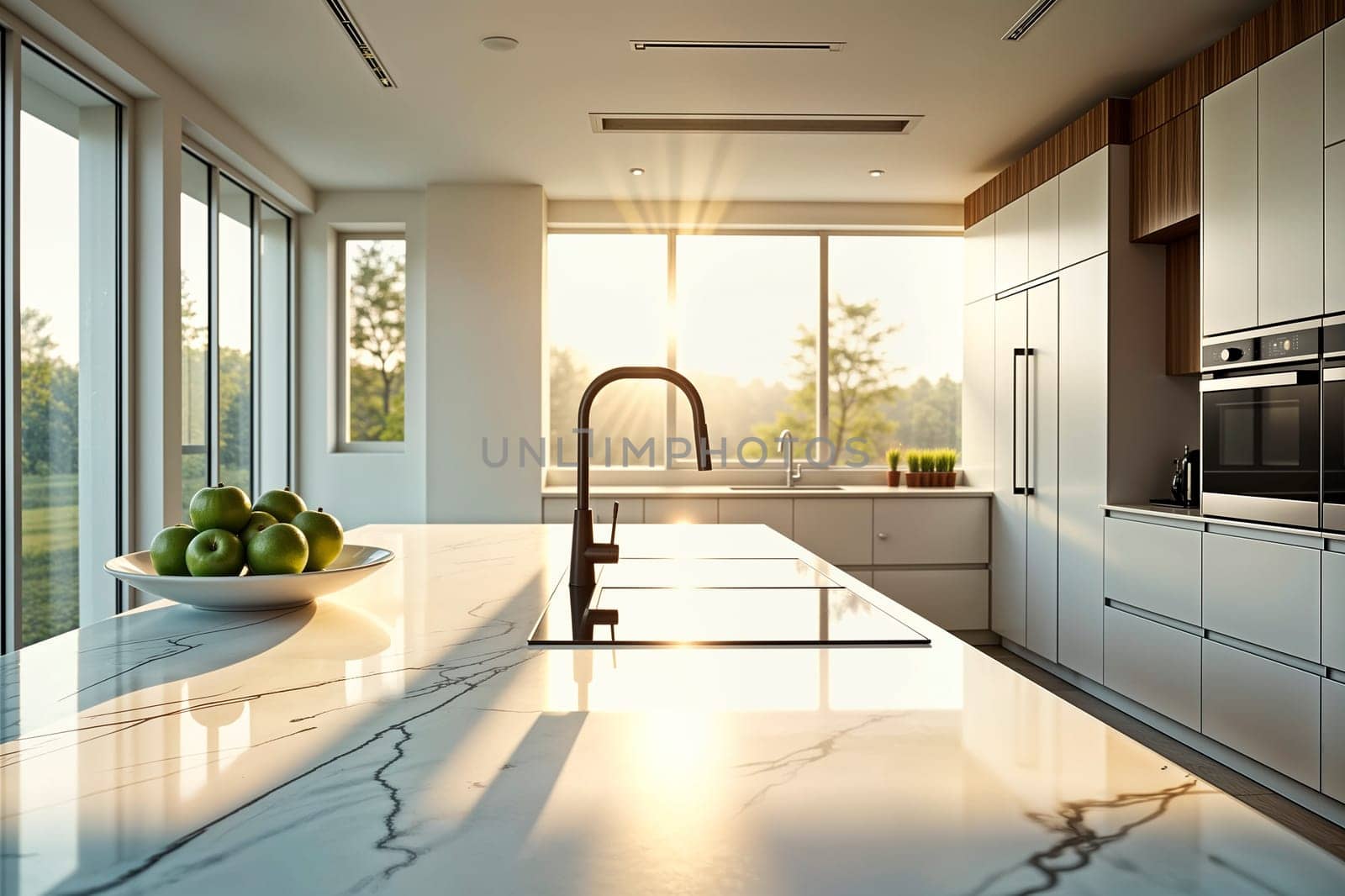 A bright modern kitchen with large windows, a sleek marble countertop, and a black faucet. Sunlight streams through the windows, creating a serene ambiance