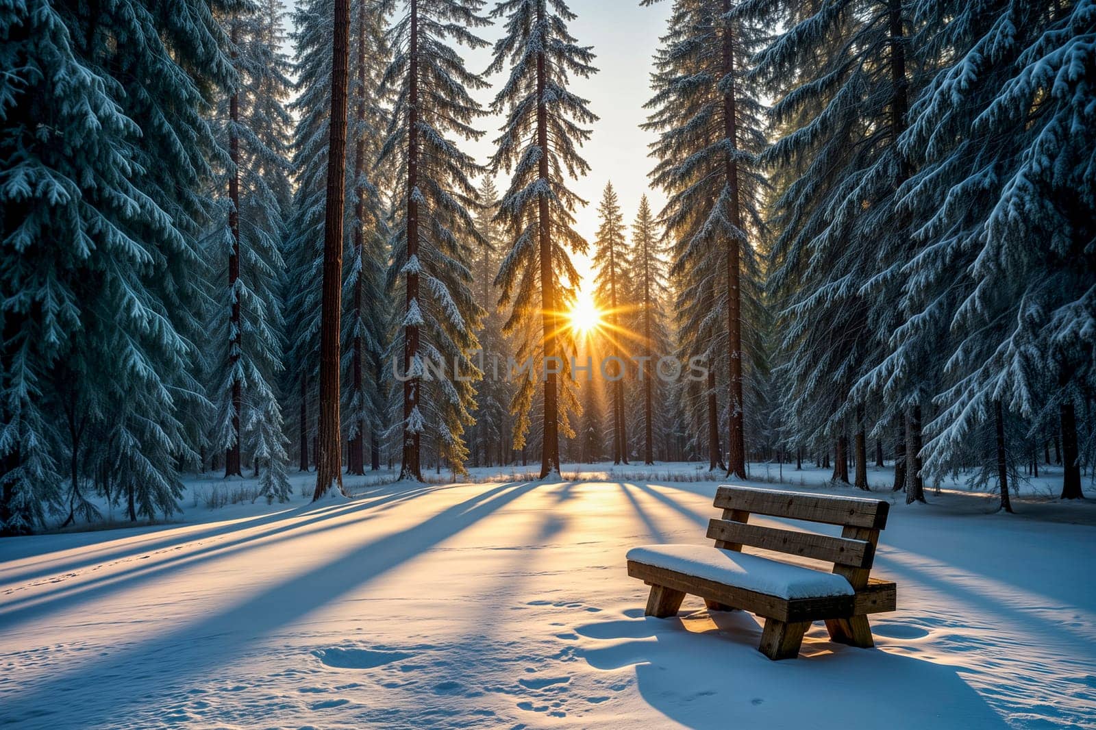 A snow-covered wooden bench in a winter forest with sunrise casting golden light and shadows on the snow