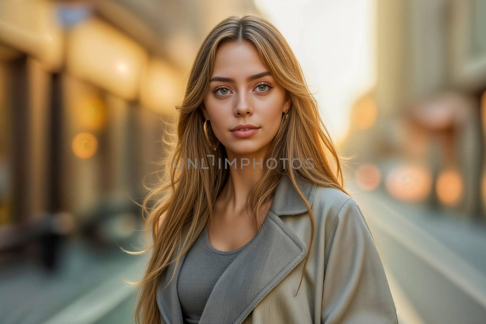 A stunning young woman with long blonde hair in a stylish outfit, captured during the golden hour in an urban setting. Her confident gaze and soft lighting highlight her natural beauty.