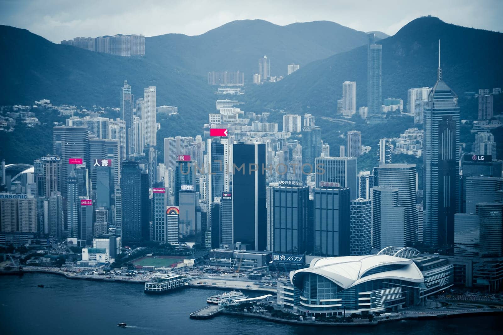 Hong Kong skyline visible from the observatory of Sky100. Shooting Location: Hong Kong Special Administrative Region