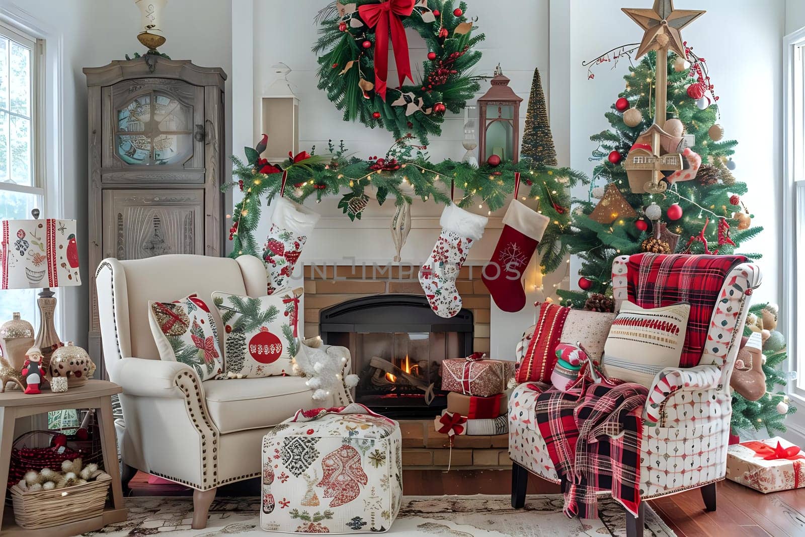 Cozy Christmas Living Room Decor: Festive Fireside, Decorated Trees, and Gifts Abound for a Joyful Holiday Season, Creating a Warm and Inviting Atmosphere.