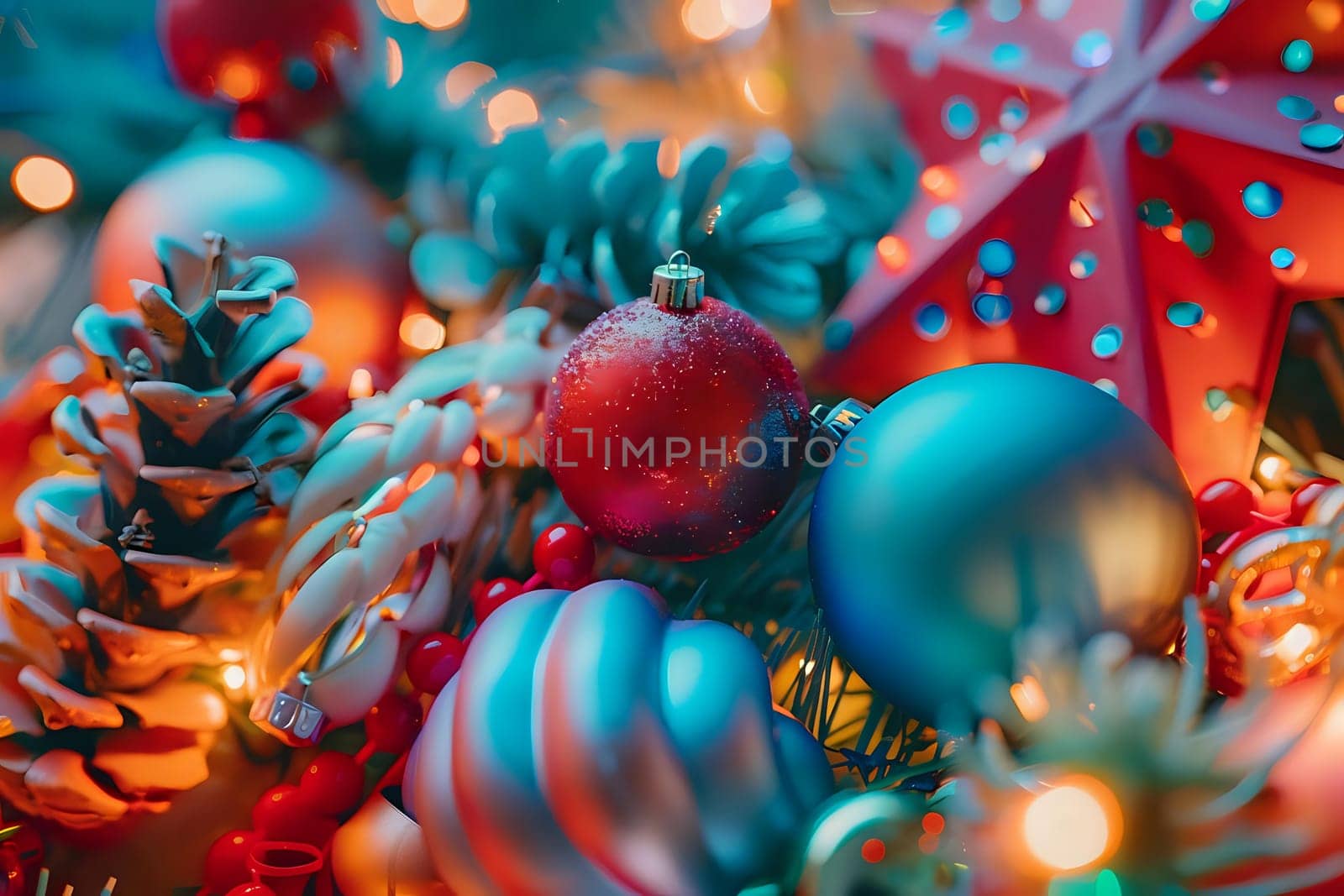 Decorative Festive Ornaments Gleam with Bright Lights, Creating a Dazzling Holiday Atmosphere. Teal and Red Baubles Adorn the Festive Scene with Sparkling Accents.
