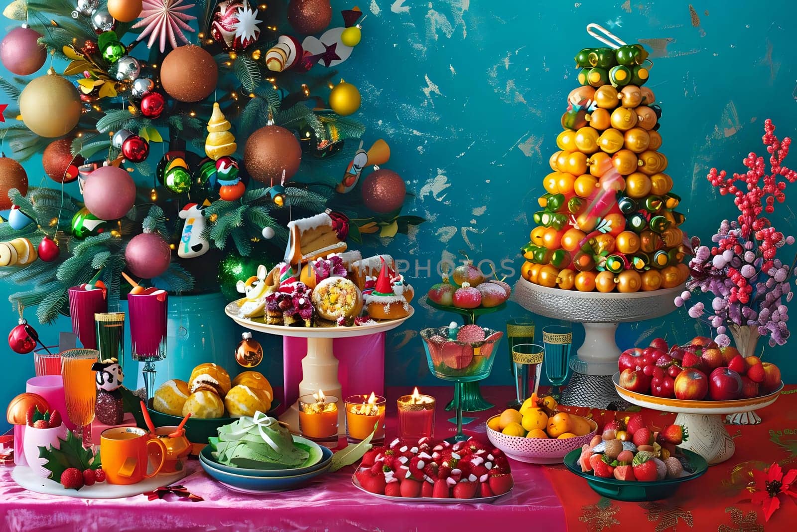 A Festive Table Arrangement: Delicious Treats and Decor Adorn a Christmas Setting with Vibrant Colors and Intricate Details, Showcasing a Stunning Display of Holiday Cheer and Culinary Delights.  A Christmas Tree with Ornaments Complements the Sweet Treats.