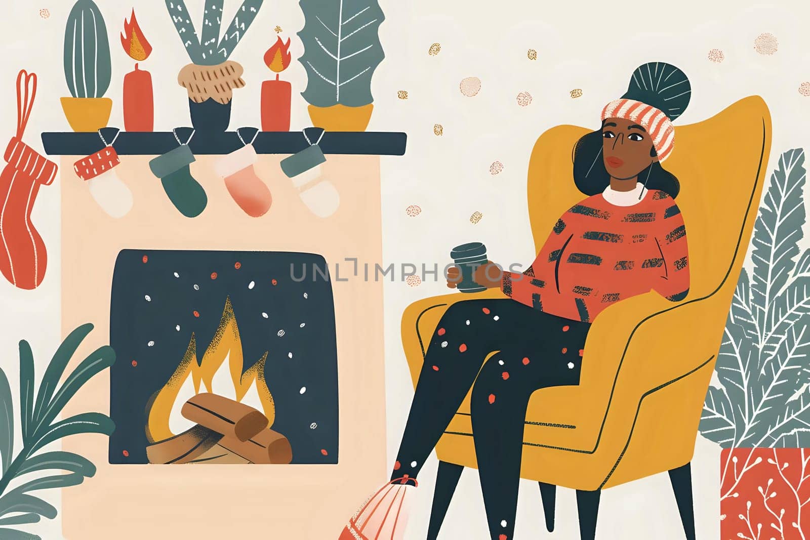 Cozy Winter Scene: Woman Relaxes by Fireplace with Warm Drink, Enjoying Festive Season Ambiance and Serene Atmosphere.  A Relaxing Holiday, Indoor Comfort and Peace.