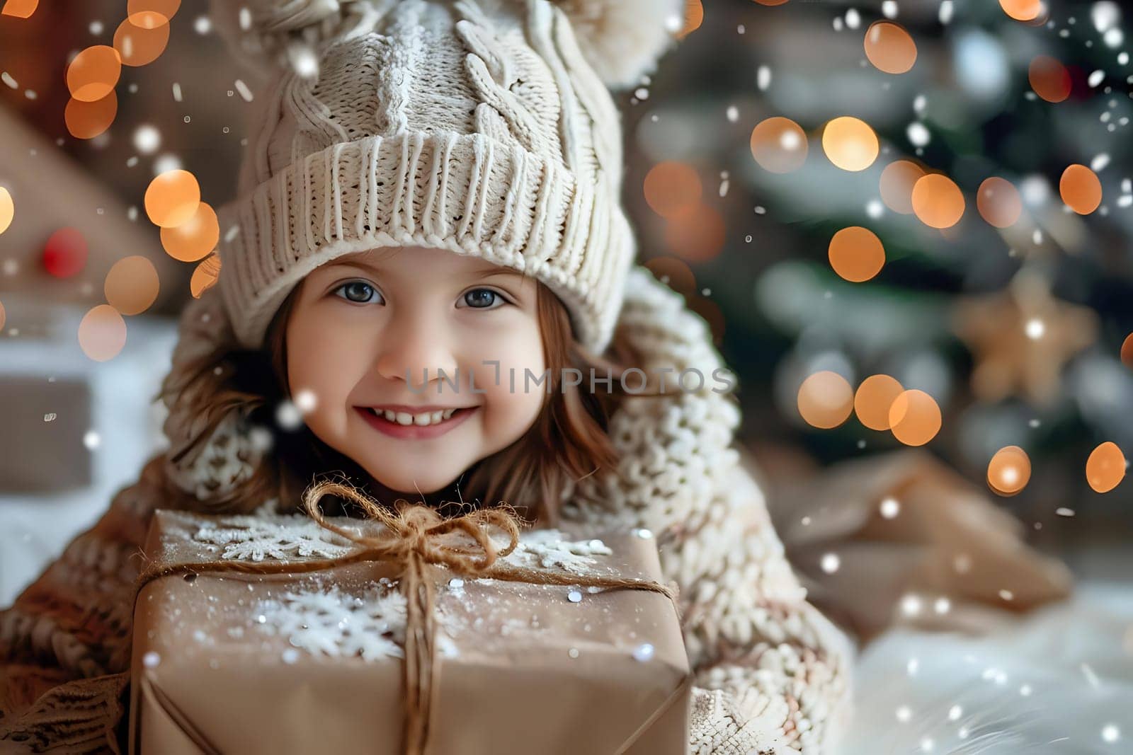 A Child's Joyful Christmas: Receiving a Gift, Wearing a Knit Hat, Surrounded by Festive Lights and Snowflakes, Embracing Winter Wonderland Magic, Celebrating Holiday Cheer.