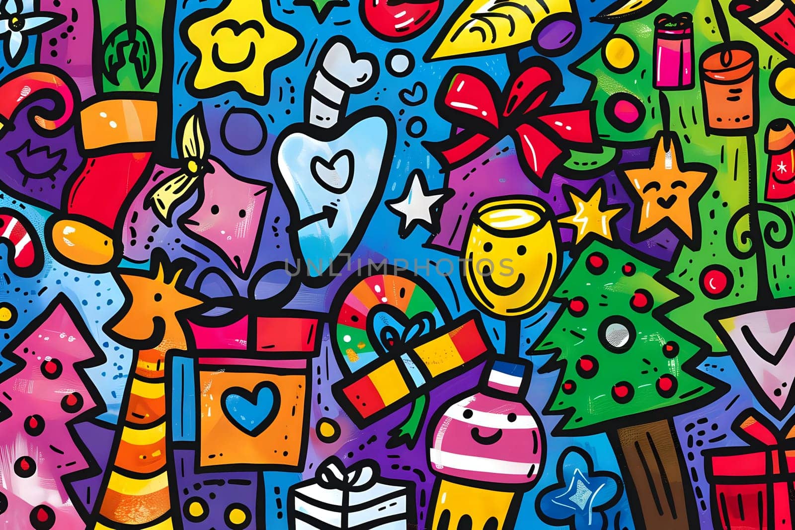 Vibrant Holiday Doodle Art: Festive Symbols and Cheerful Characters Dance Joyously Across a Canvas of Whimsical Designs, Celebrating the Spirit of the Season with Bold Colors and Playful Imagery.