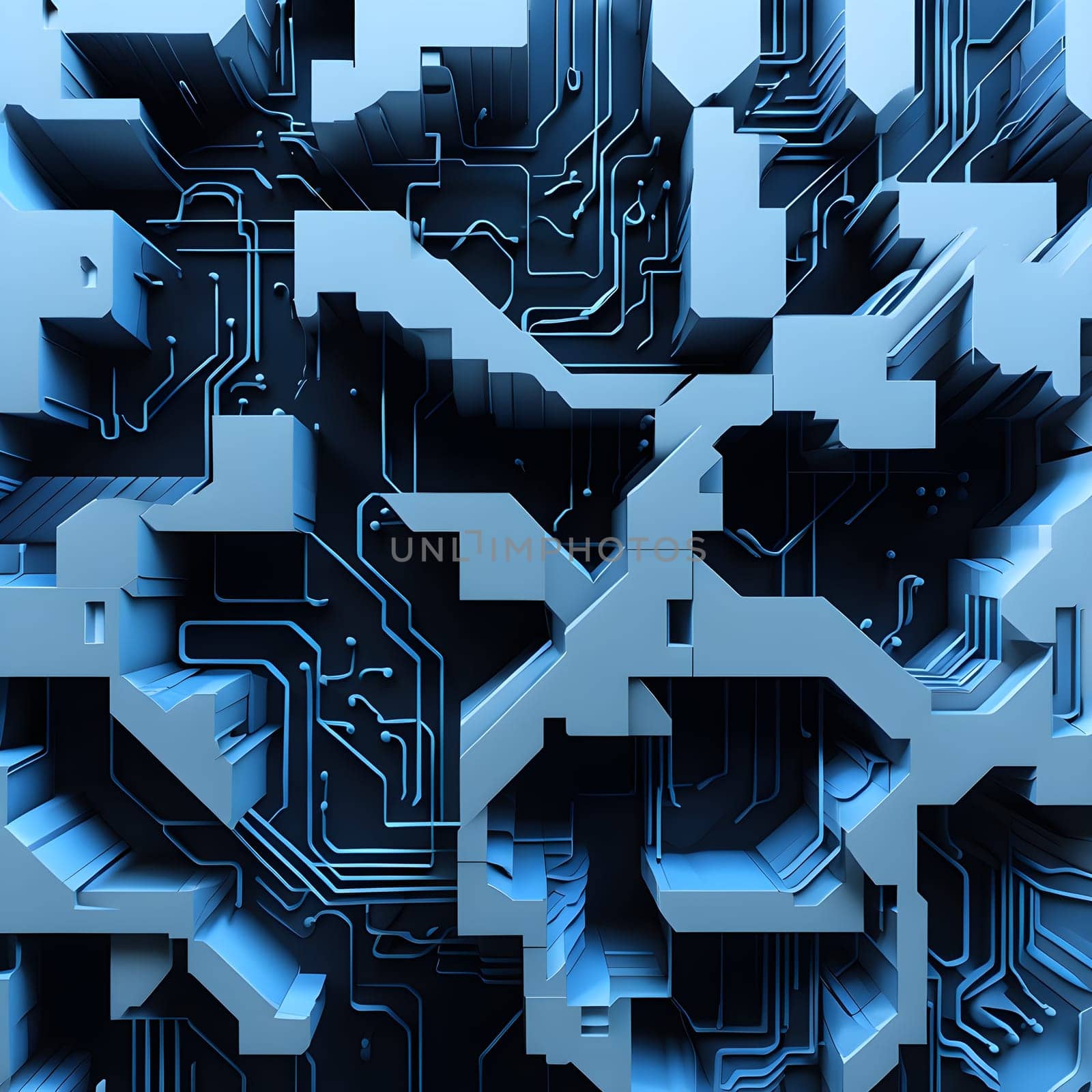 interlocking geometric shapes that morph into circuits