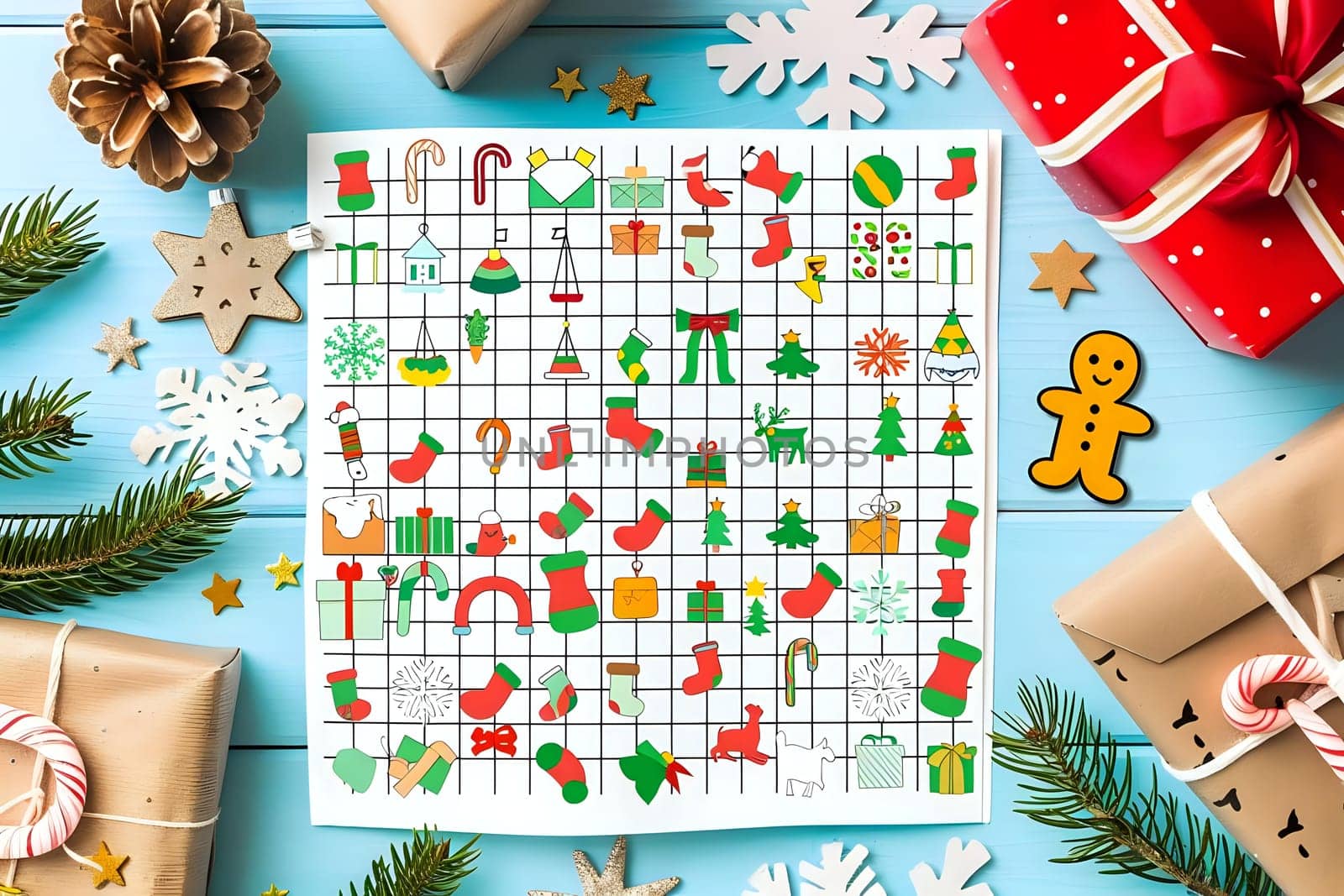 Find the Matching Christmas Icons in this Festive Holiday Grid Puzzle: A Spot-the-Difference Challenge for the Whole Family, Perfect for Wintertime Fun and Festive Activities.