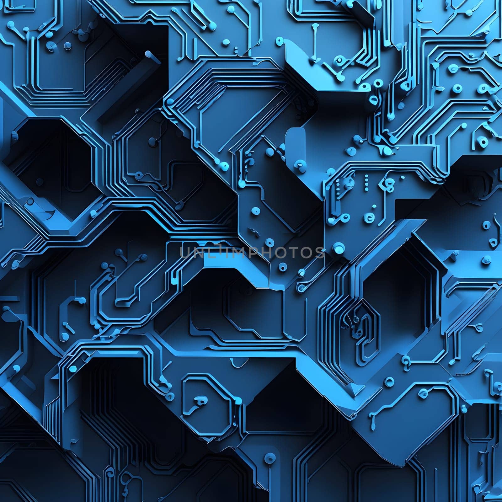 interlocking geometric shapes that morph into circuits
