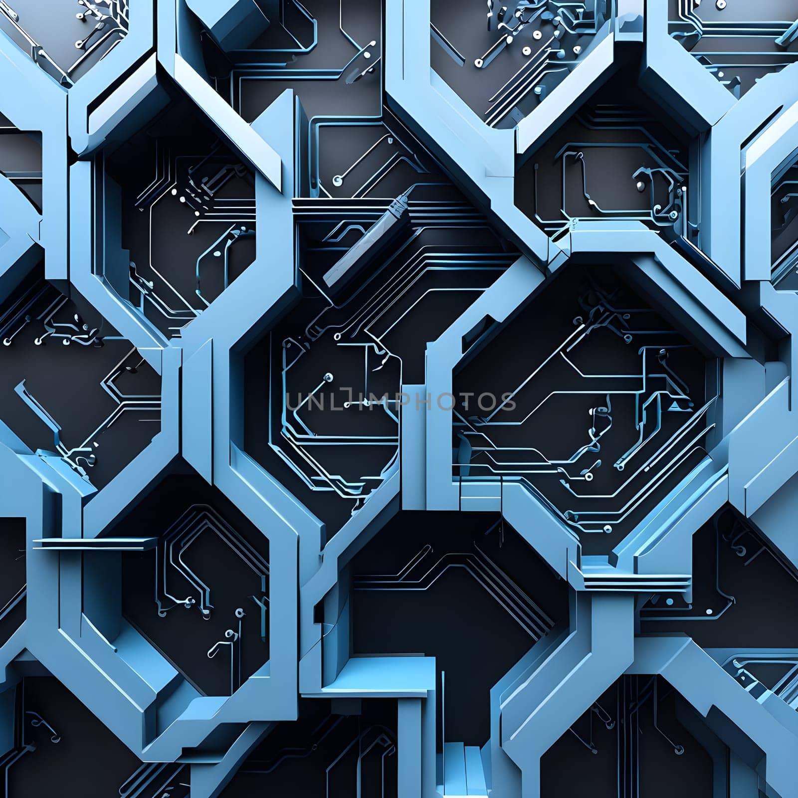 interlocking geometric shapes that morph into circuits
