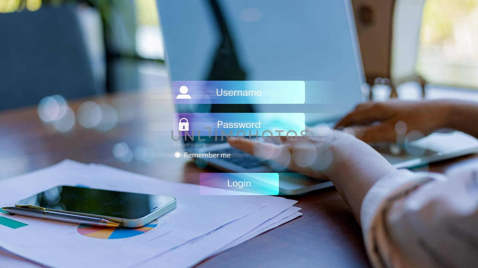 Business woman type a text at login window, Cybersecurity concept Global network security technology, Secure access to user personal information, Secure Internet access, Cybersecurity.