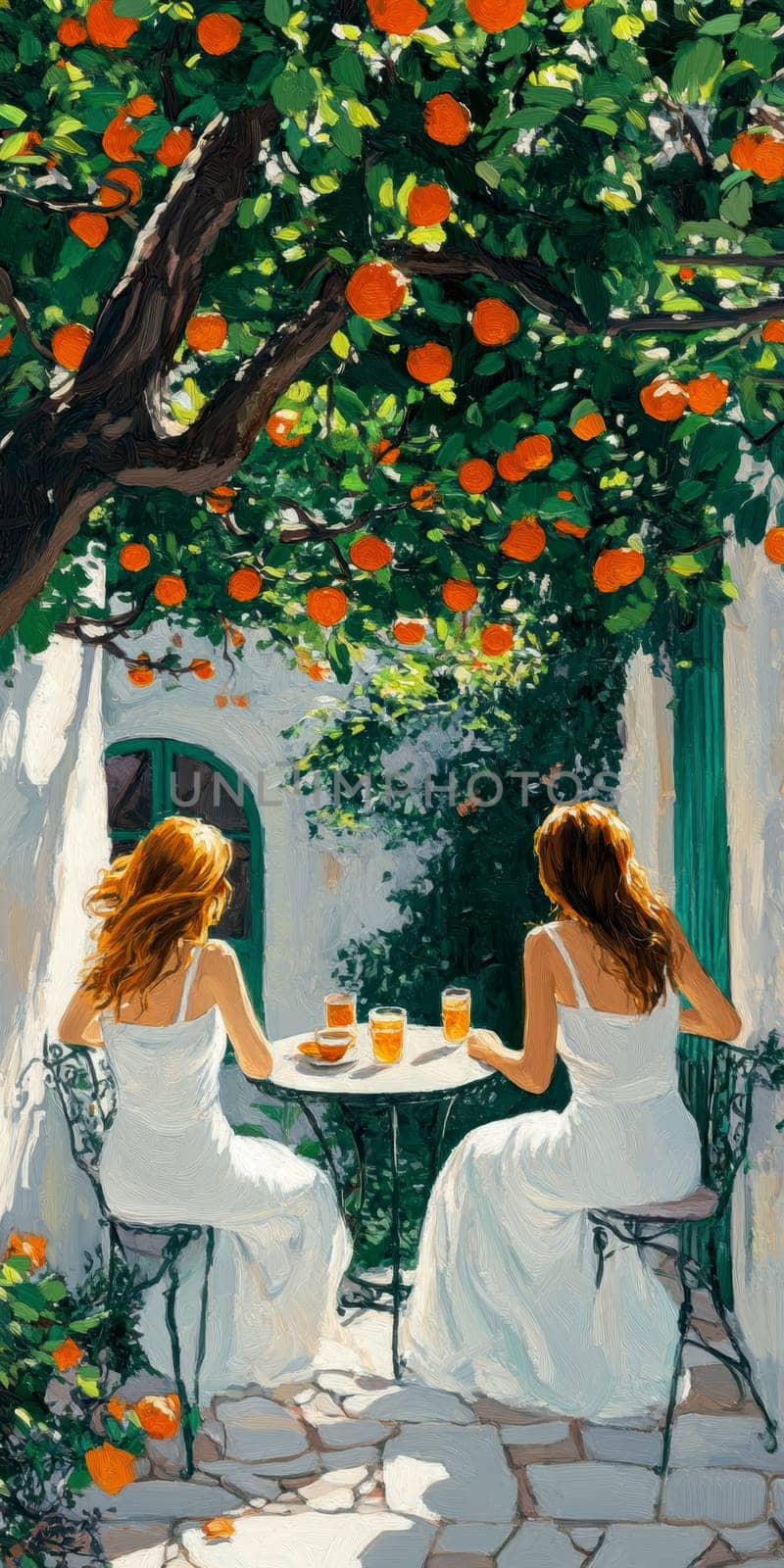 modern tea garden talking women, simple illustration style. AI generative.