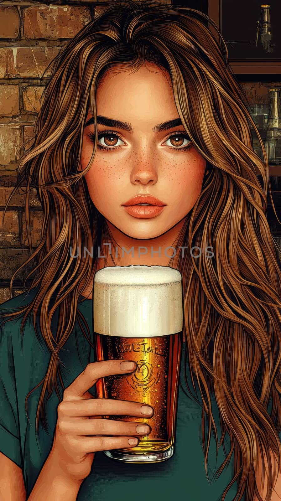 A woman styled in the 1950s holding a glass of beer. Vintage poster. AI generative.