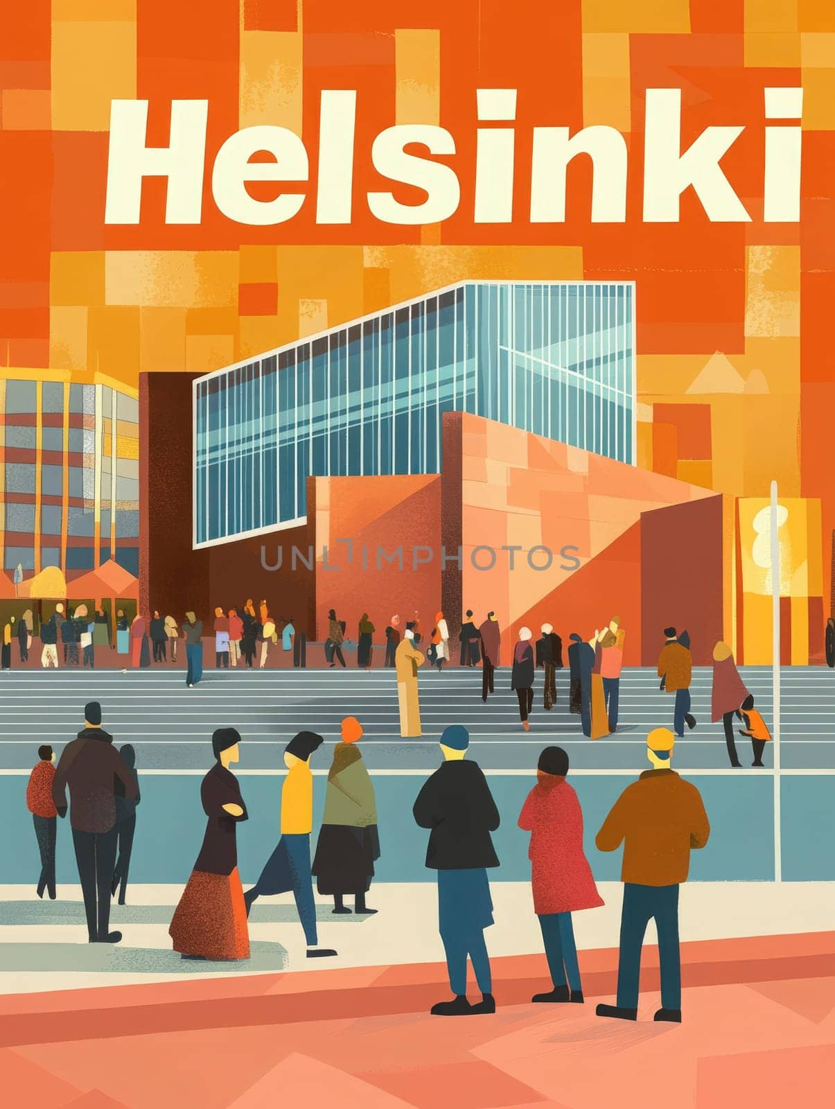 A lively view of Helsinki featuring a crowd of people enjoying a sunny day near modern buildings. Colorful architecture creates an inviting atmosphere, perfect for social gatherings.