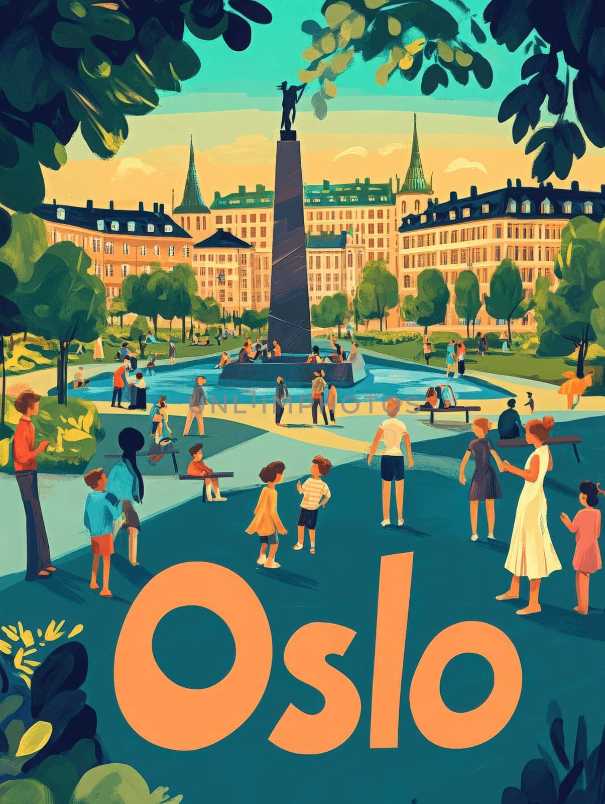 Vibrant park in Oslo filled with families and individuals enjoying a sunny day. The atmosphere features a monument surrounded by lush greenery and a gathering of diverse people.