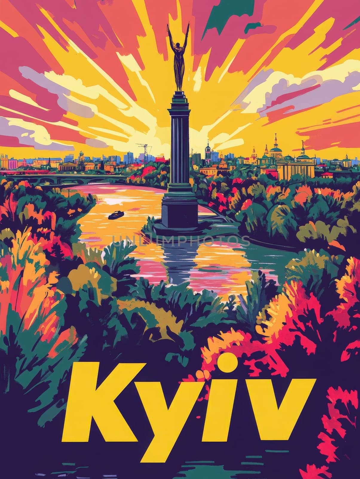 A spectacular sunset illuminates the skyline of Kyiv, showcasing the iconic Motherland Monument. The vibrant colors reflect on the river, surrounded by lush greenery.