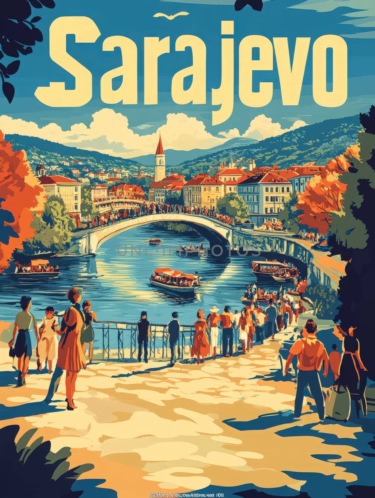 Visitors stroll along the riverside in Sarajevo, enjoying the picturesque landscape filled with lush greenery and charming buildings. The vibrant atmosphere captures the essence of this historic city.