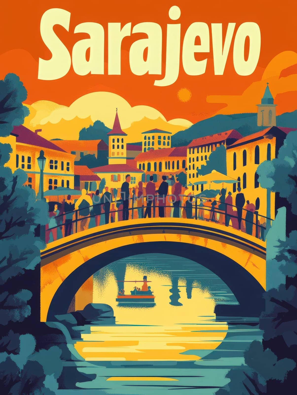 People gather on a bridge to admire the picturesque sunset over the river in Sarajevo. The colorful buildings and serene landscape create a lively atmosphere at dusk.