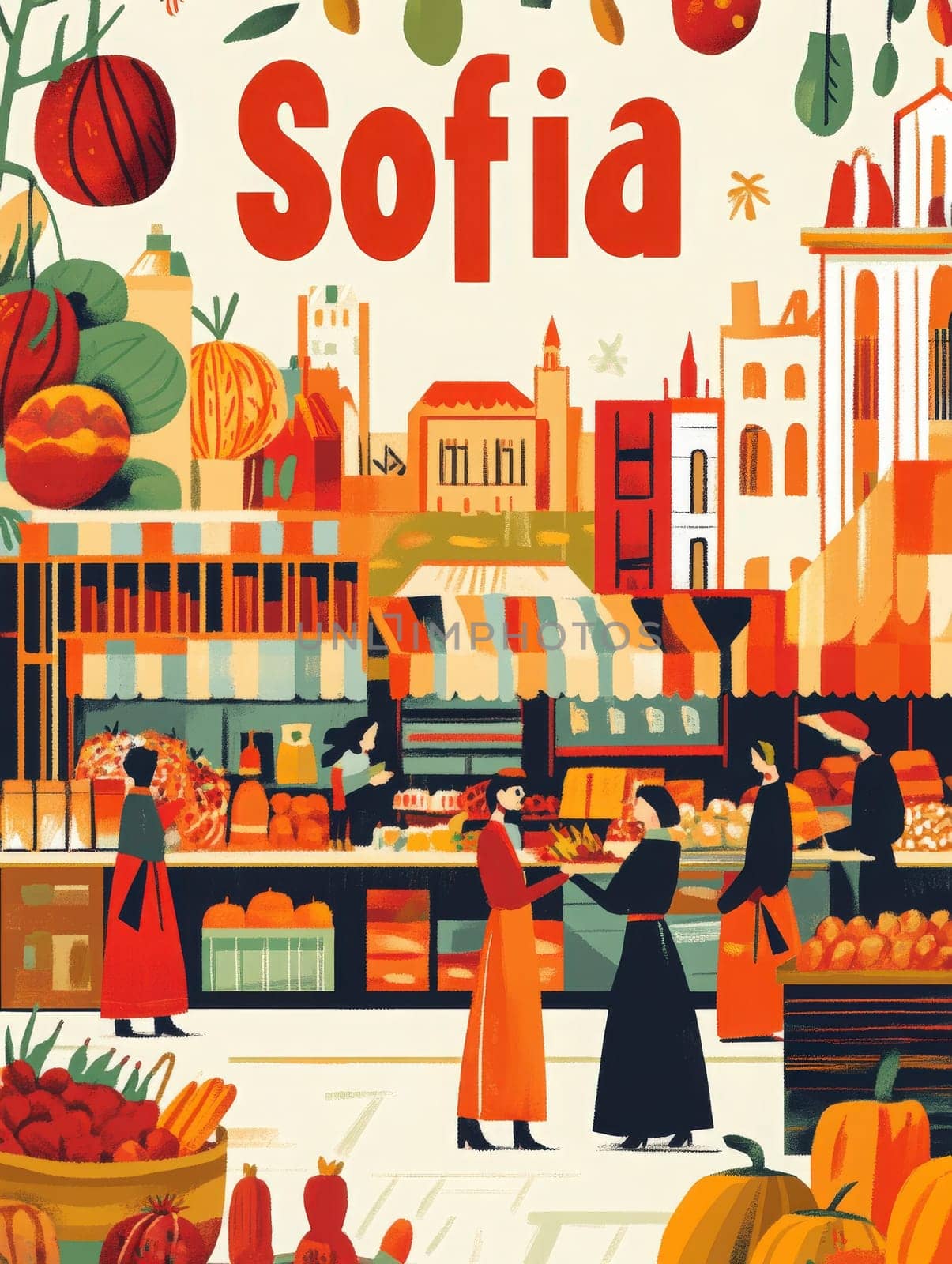 A bustling market in Sofia displays a variety of fresh produce.
