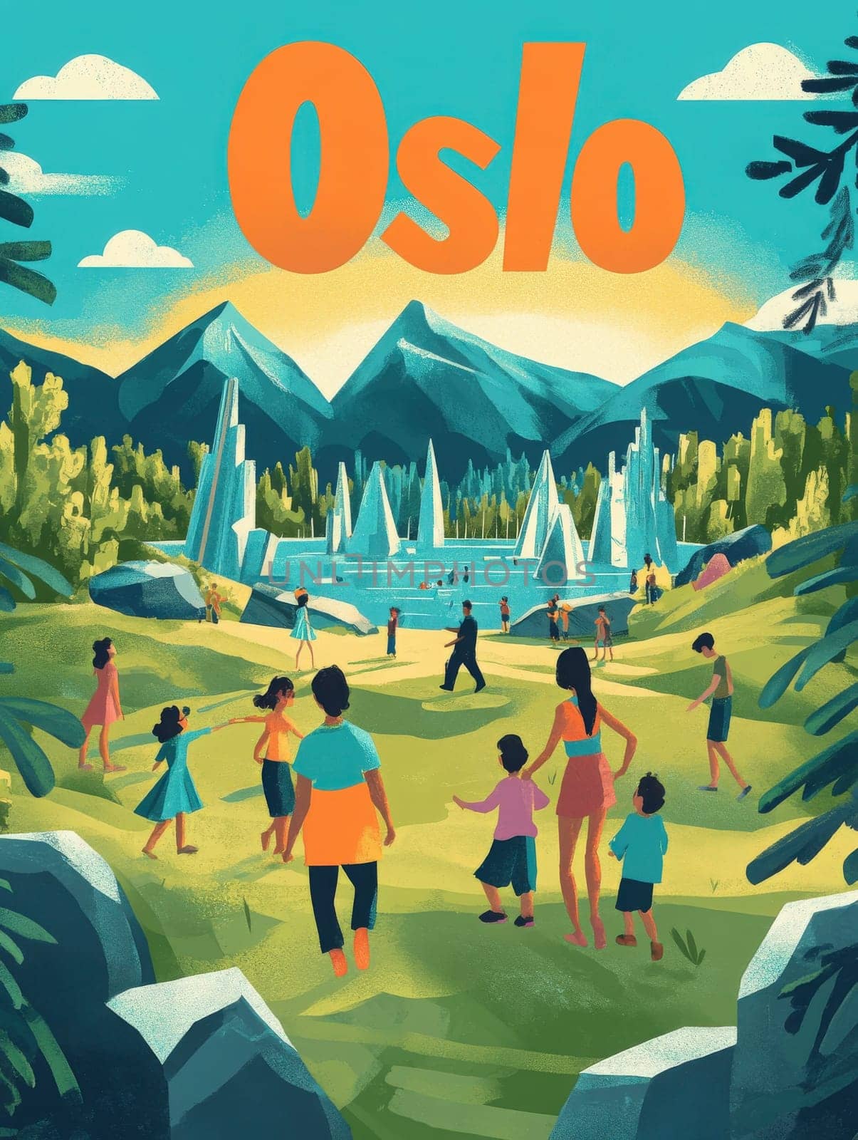 Families and friends walk through a vibrant park in Oslo, surrounded by tall mountains and a picturesque lake. The sunny day brings joy to everyone exploring the natural beauty.