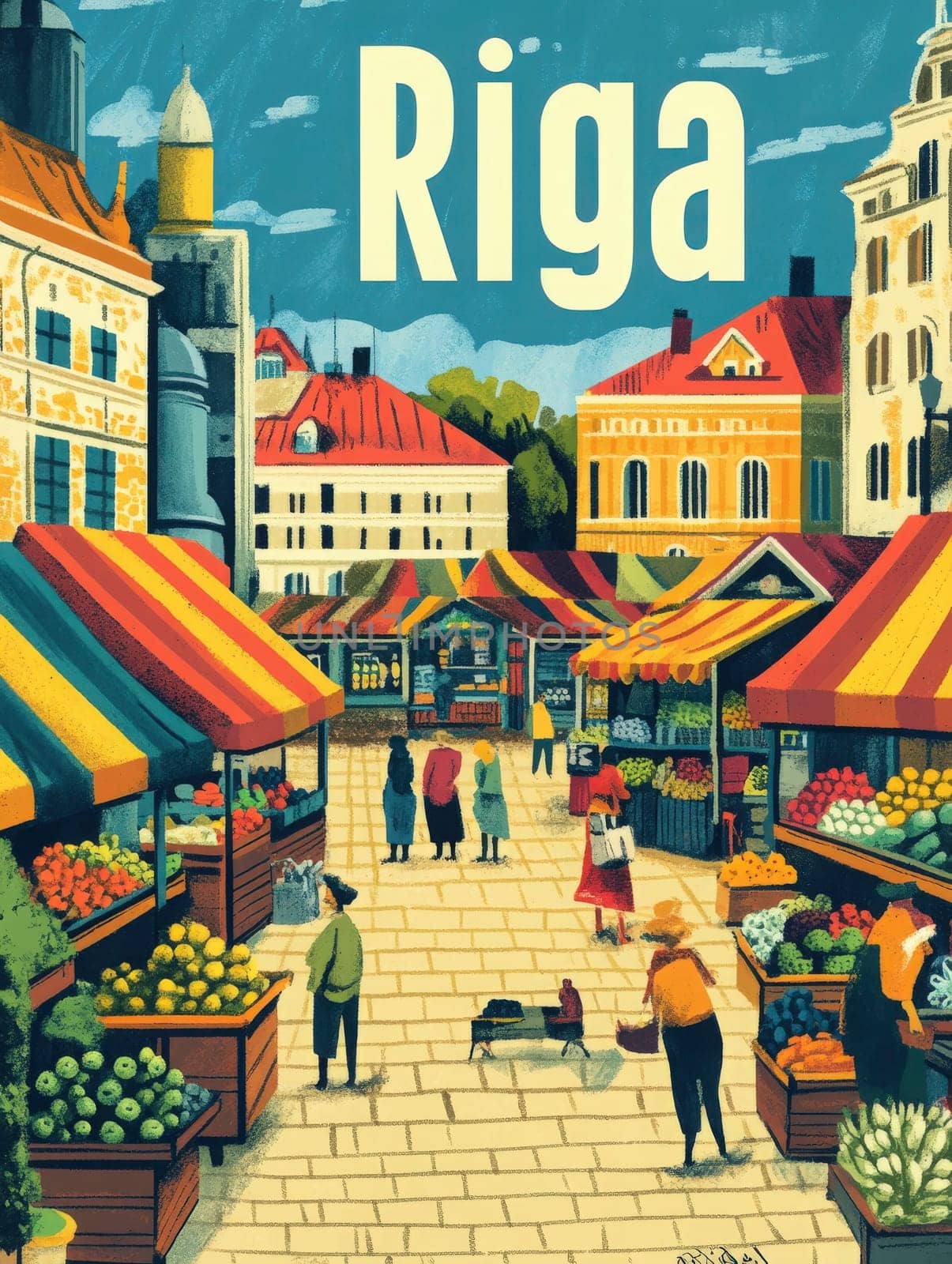 A lively market in Riga features brightly colored stalls filled with fresh produce. Local shoppers explore the vibrant atmosphere under a clear blue sky, enjoying the bustling environment.