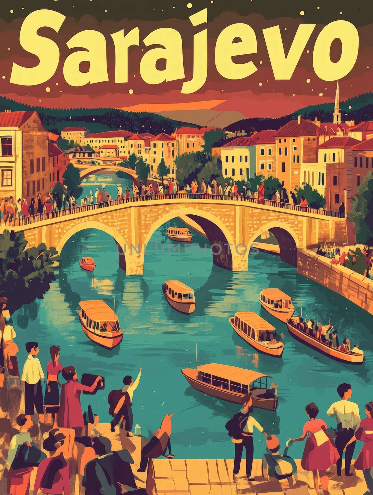 Visitors enjoy the lively atmosphere along the river in Sarajevo, where colorful boats drift past historic buildings under a twilight sky. People gather on the bridge, soaking in the ambiance.