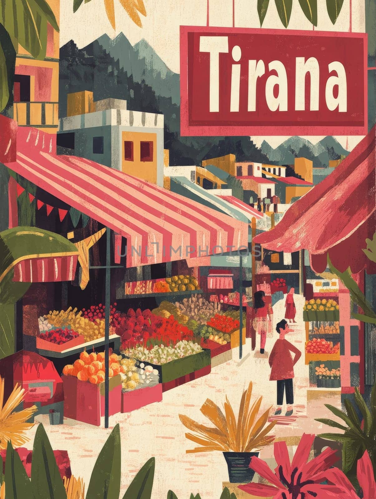 A bustling market in Tirana showcases vibrant stalls filled with fruits and vegetables. People shop and explore the lively atmosphere under the warm sun, surrounded by greenery and hills.