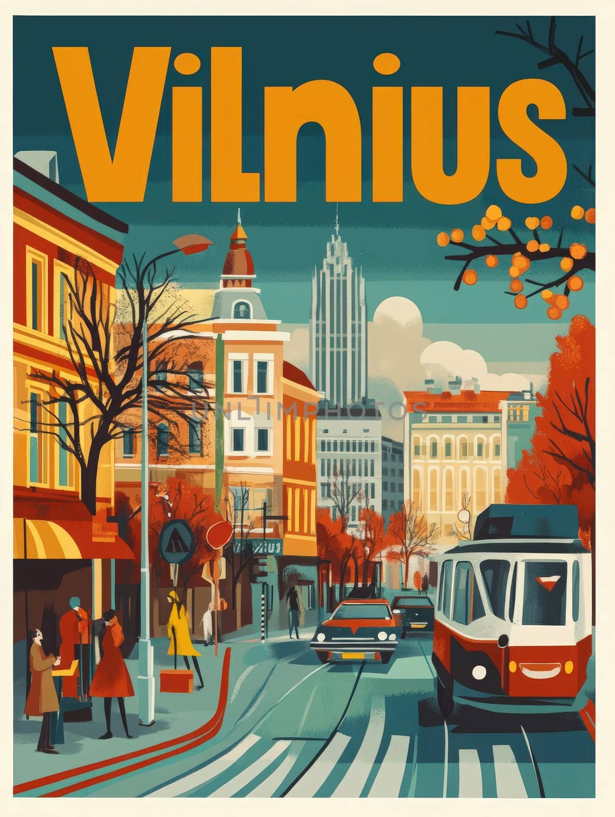 People stroll along tree-lined streets in Vilnius during autumn. A vintage tram moves down the road, surrounded by colorful buildings and bright fall foliage.