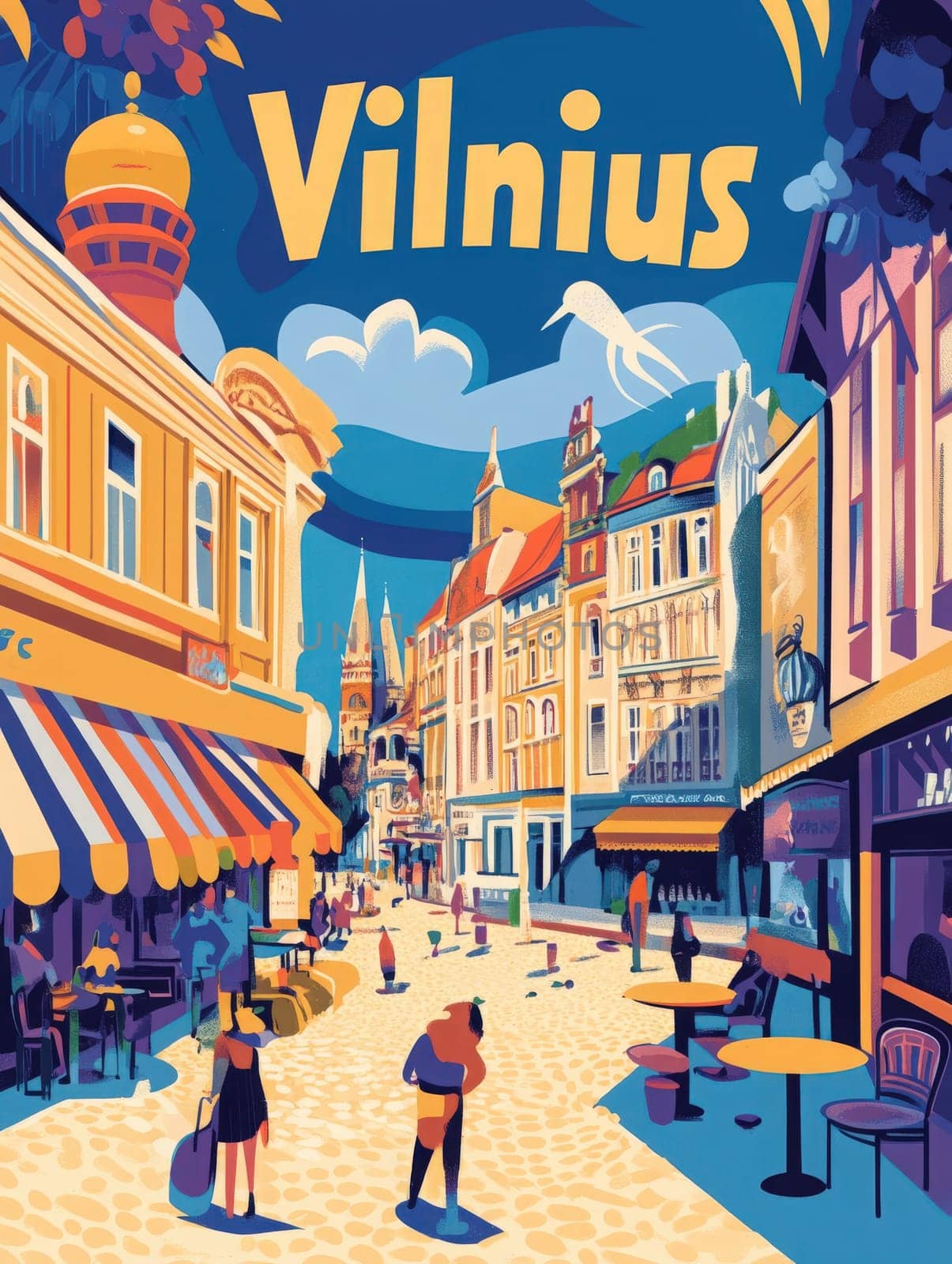 Colorful buildings line the cobblestone streets of Vilnius, as people enjoy the lively atmosphere in the city. Shops and cafes create a welcoming ambiance on a sunny day.