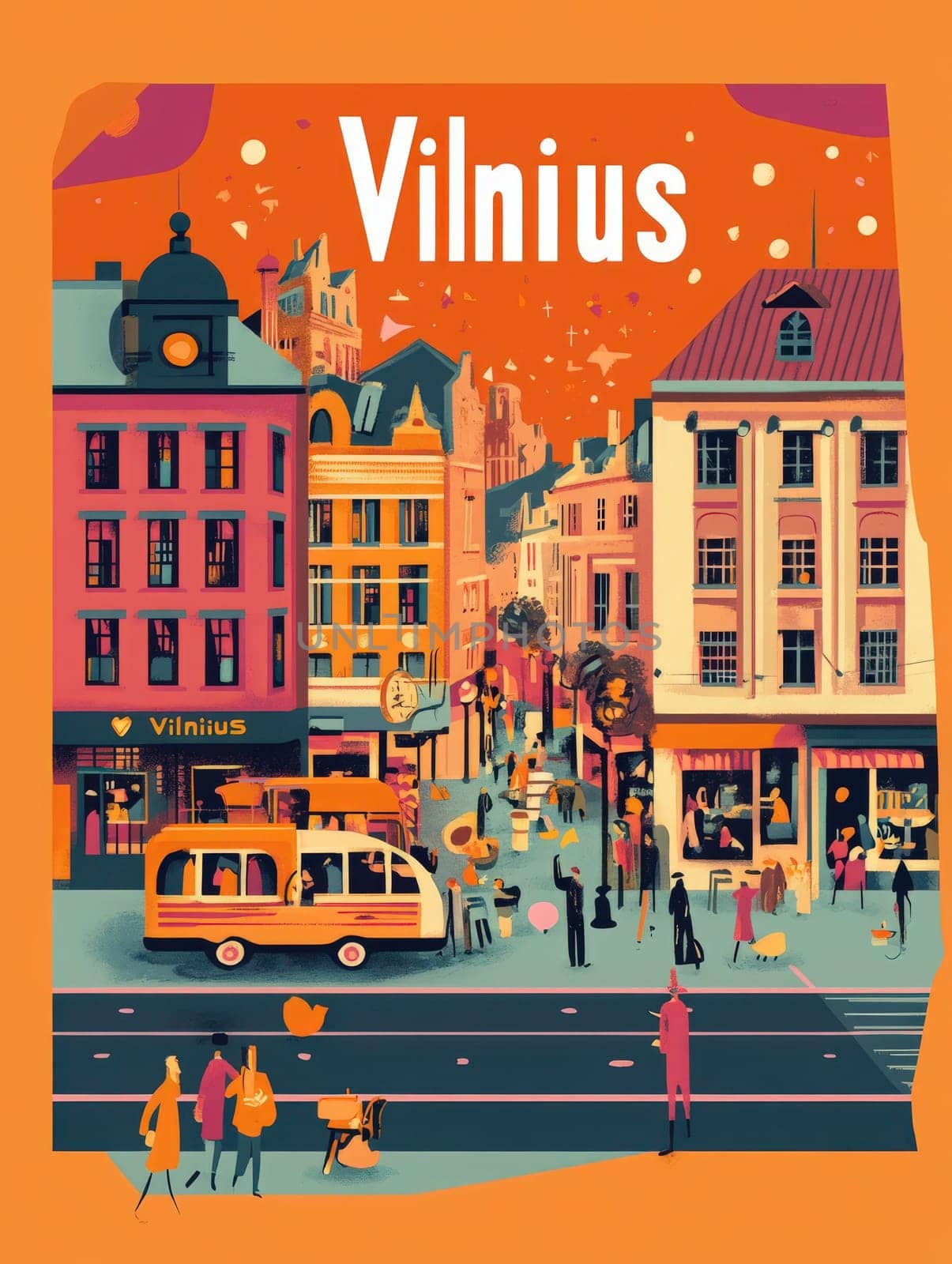 Charming streets of Vilnius come alive with pedestrians, vintage trams, and colorful architecture under an orange sky, showcasing the citys vibrant atmosphere and culture.