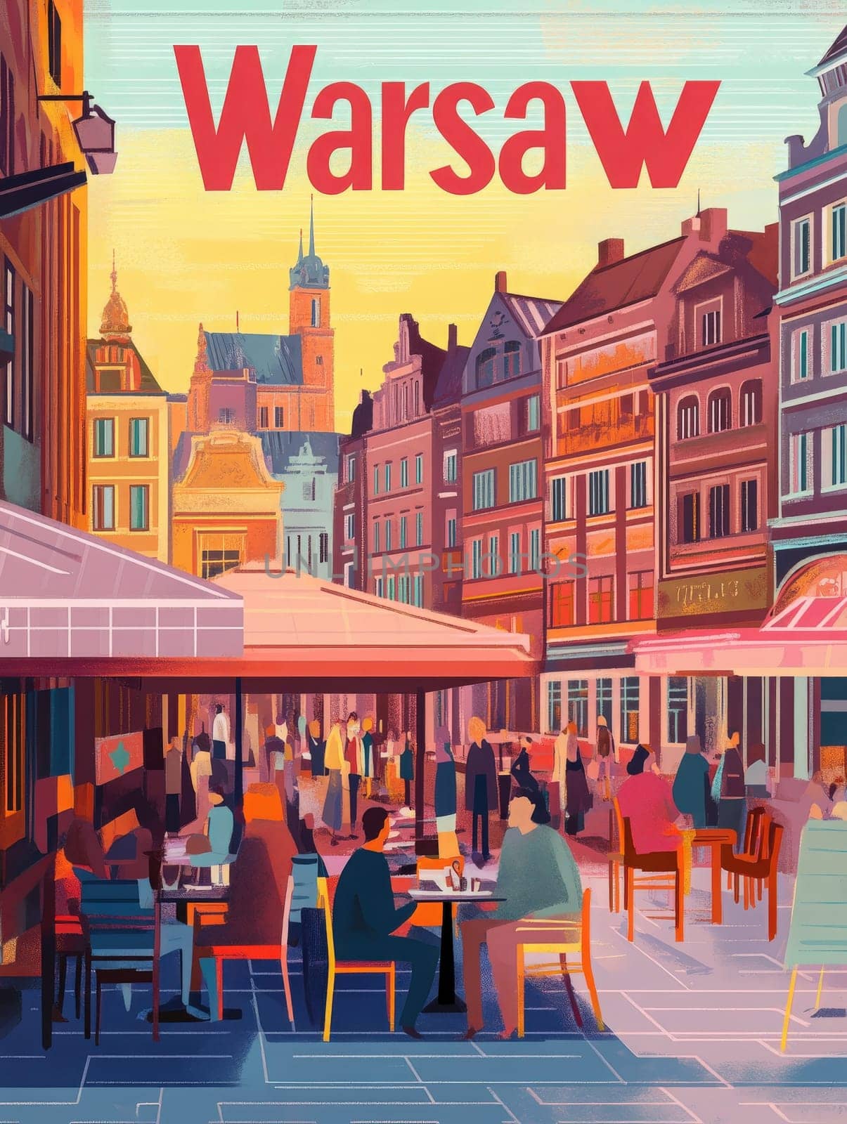 In warm sunlight, people gather at outdoor cafes in vibrant Warsaw. Colorful buildings line the street, highlighting the citys historical charm and lively atmosphere.