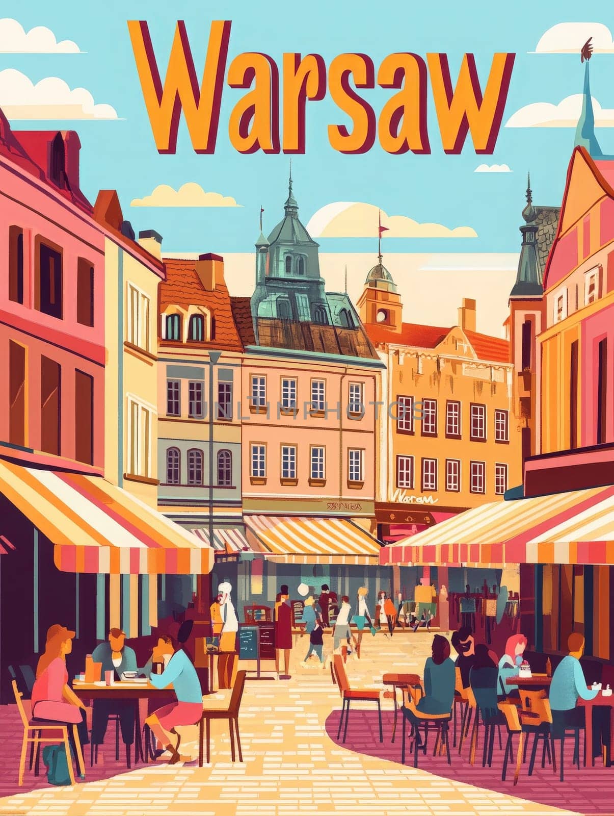 Charming street in Warsaw features outdoor cafes filled with patrons. Historic buildings line the pathway under a bright sky, creating a lively atmosphere in the heart of the city.